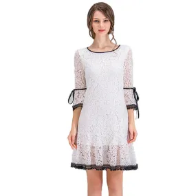 VenusFox Women Dress Elegant White Lace Flare Sleeve Dress