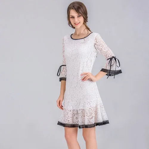 VenusFox Women Dress Elegant White Lace Flare Sleeve Dress