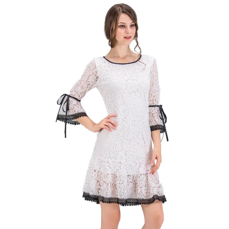 VenusFox Women Dress Elegant White Lace Flare Sleeve Dress