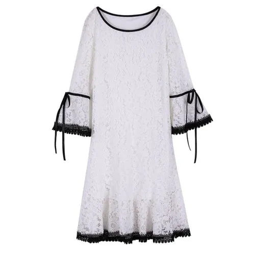 VenusFox Women Dress Elegant White Lace Flare Sleeve Dress