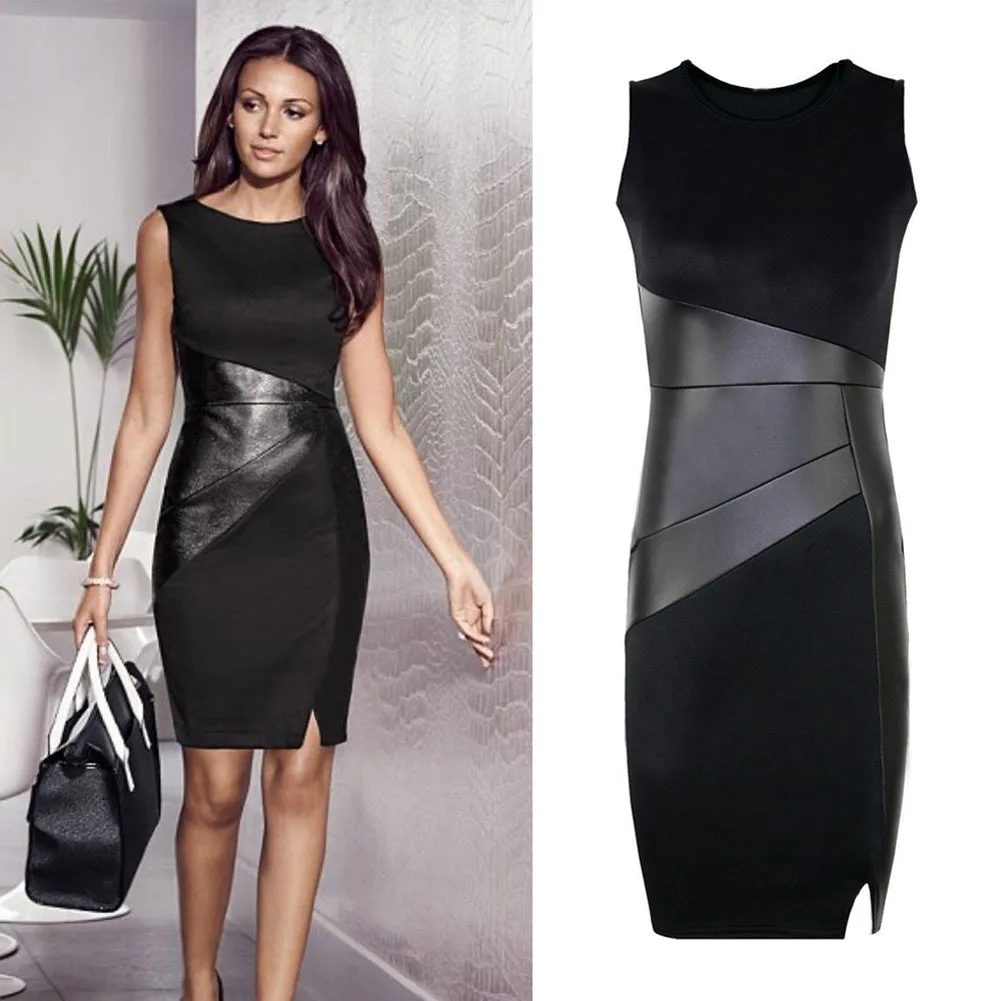 VenusFox Women Faux Leather Party Sleeveless Elegant Slim Bodycon Pencil Dress 5XL Plus Size