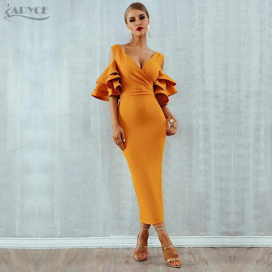 VenusFox Yellow Red Ruffle Butterfly Short Sleeve Midi Dress