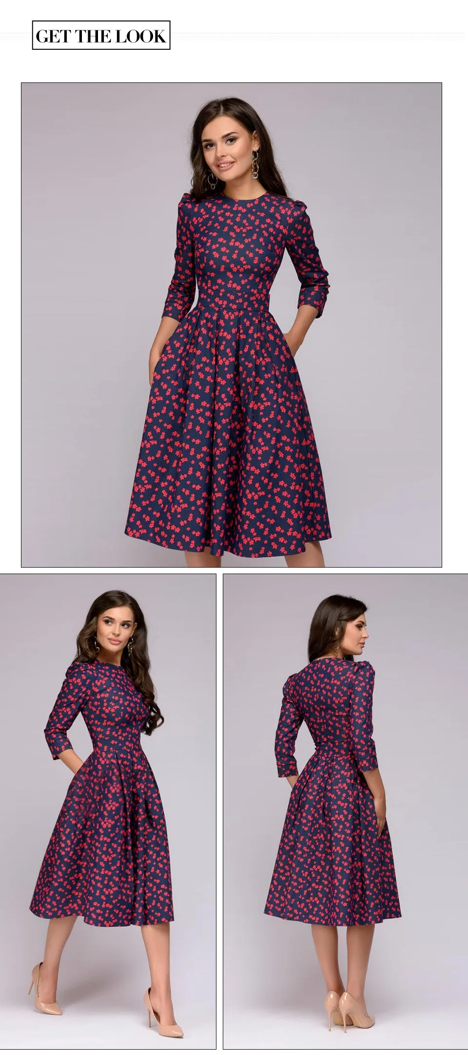 Women Elegent A-line Dress Vintage printing party(No Pockets)