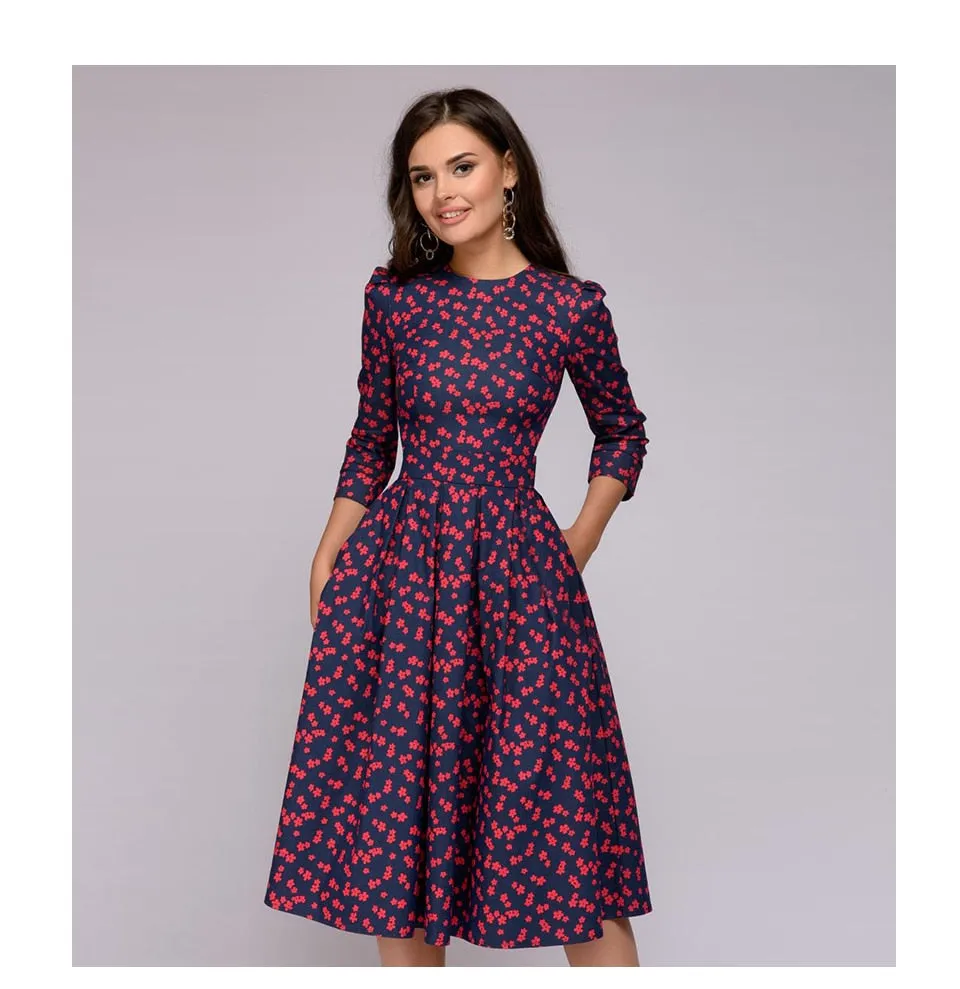 Women Elegent A-line Dress Vintage printing party(No Pockets)