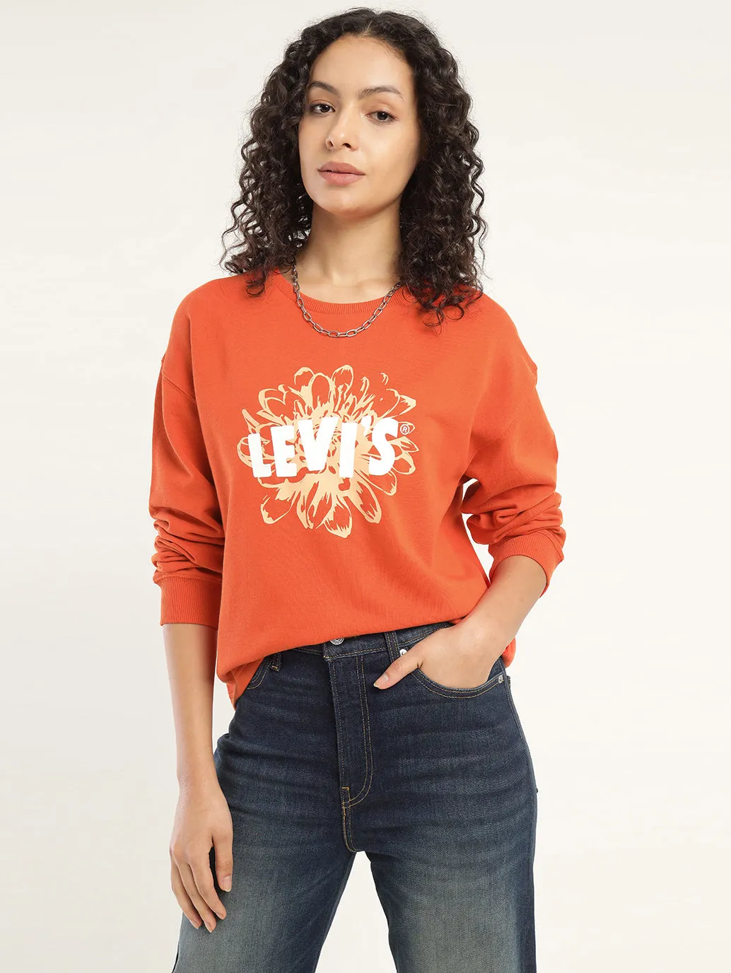 Women's Solid Red Crew Neck Sweatshirt