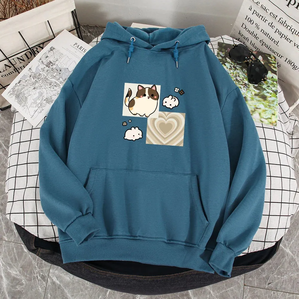 Y2K Brown Hearts and Kawaii Kitty Soft Hoodie