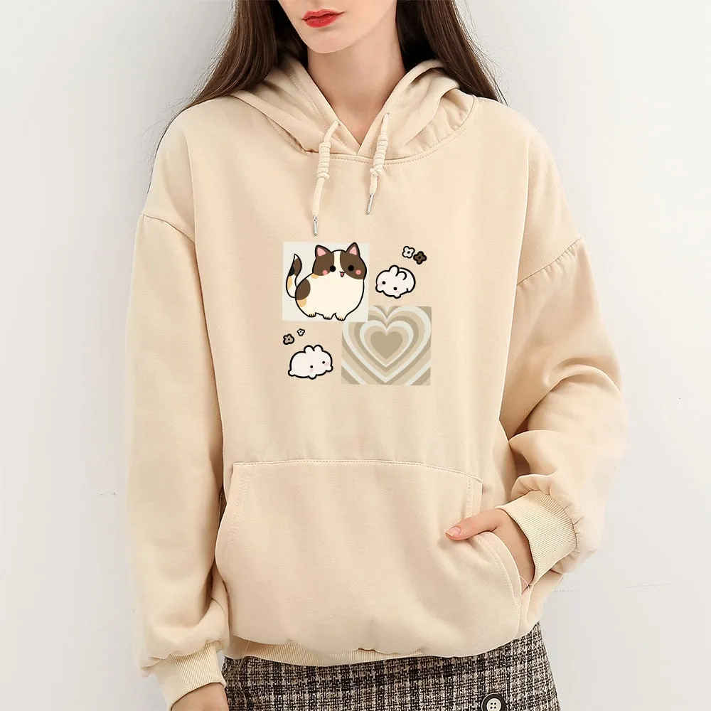 Y2K Brown Hearts and Kawaii Kitty Soft Hoodie